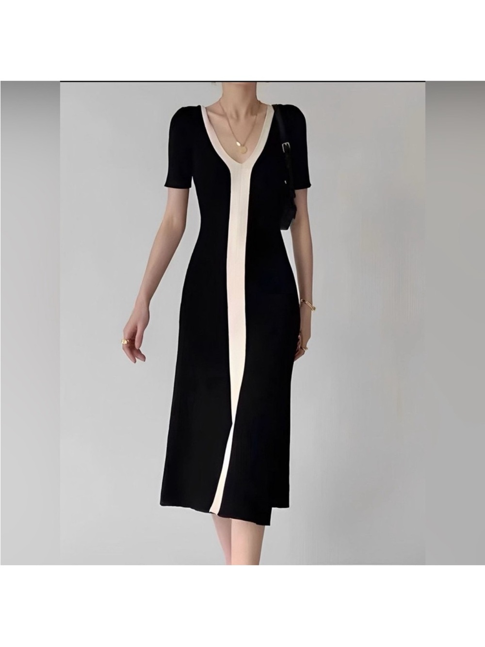 Commense Black Midi Dress with Cream Center Stripe